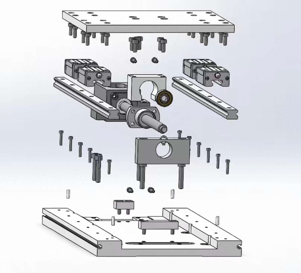 Exploded SolidWorks assembly view of a precision linear motion stage.